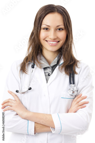 Happy smiling female doctor  over white