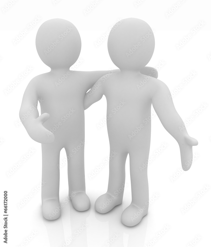 Friends standing next to an embrace. 3d image. Isolated white ba Friends standing next to an embrace. 3d image. Isolated white ba