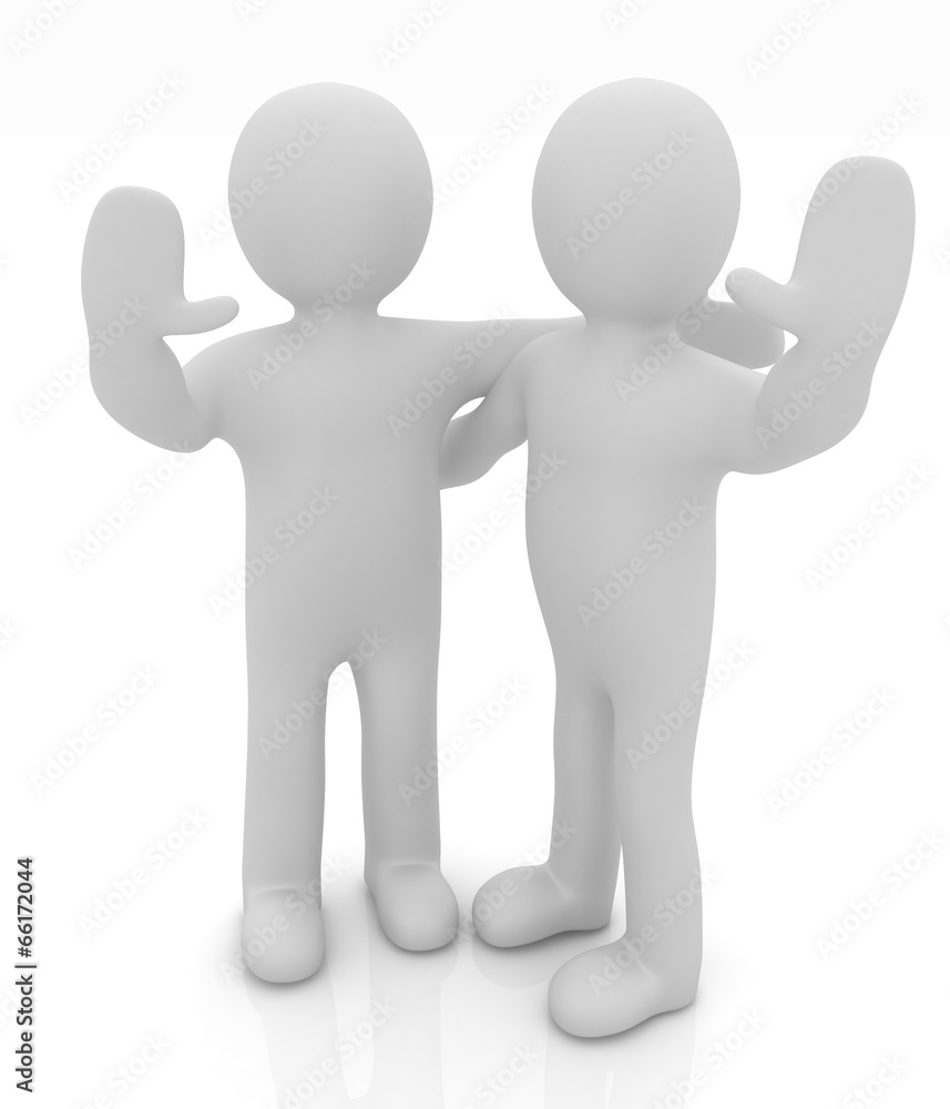 Friends standing next to an embrace and raised one's hand for gr Friends standing next to an embrace and raised one's hand for gr