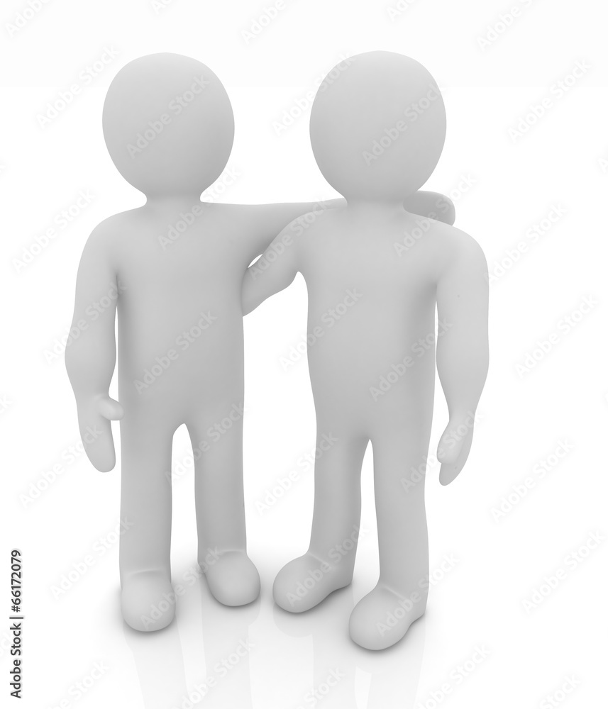 Friends standing next to an embrace. 3d image. Isolated white ba Friends standing next to an embrace. 3d image. Isolated white ba
