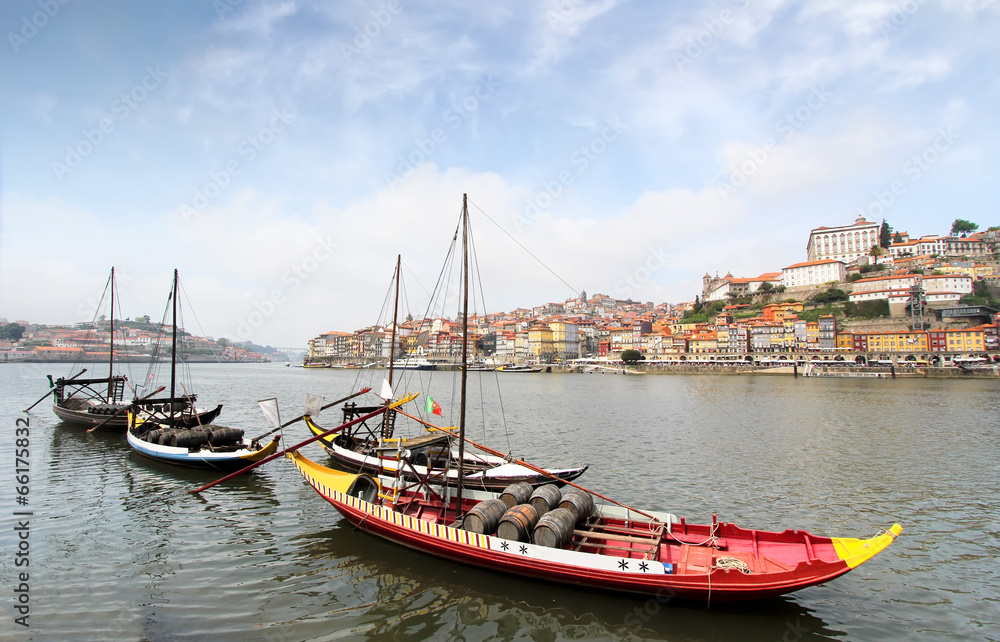 Douro riverside and boats with wine barrels, Porto, Portugal
