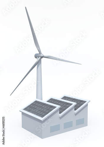 factory with solar panels and wind turbine instead of the chimne photo