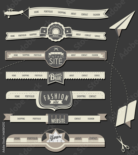 Website headers and navigation elements in vintage style.