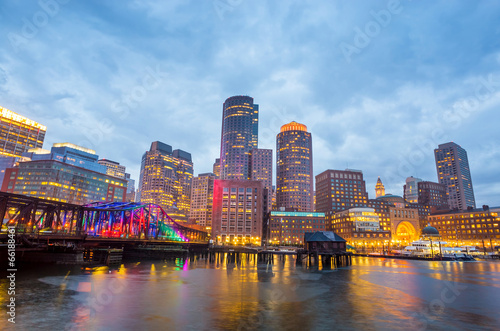 Boston Harbor and Financial District at twilight in Boston