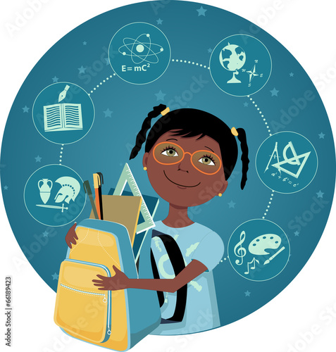 Cartoon black school girl with a backpack