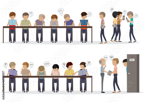 Group Of People At Reading Room - Vector Illustration