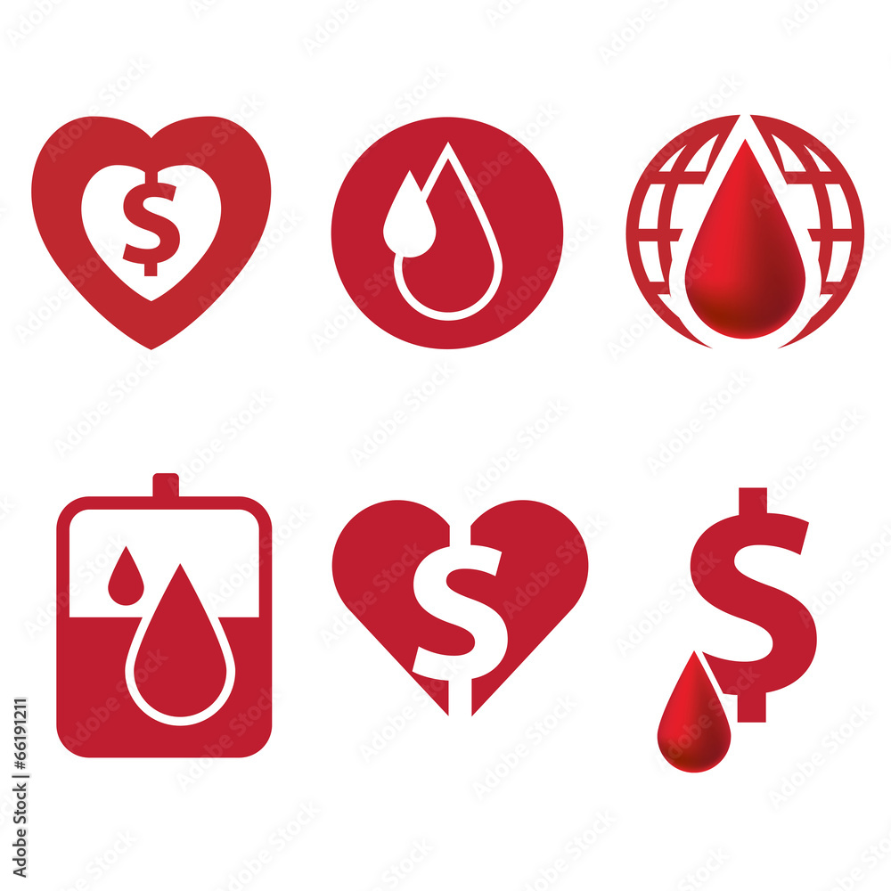 Blood and heart icon with dollar currency Blood and heart icon with dollar currency