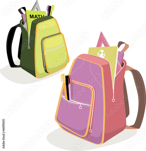 School backpacks with tools and books