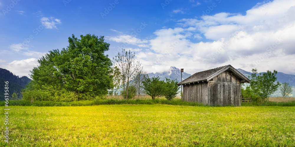 small hut next green bushes and trees with mountain at meadow small hut next green bushes and trees with mountain at meadow