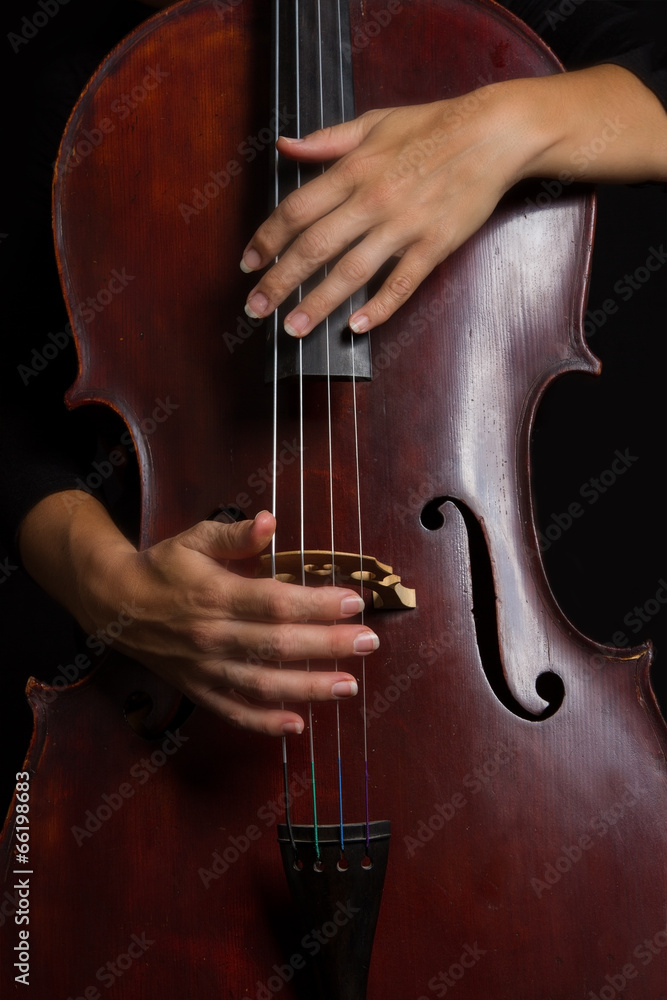 Beautiful woman holding a cello with selective light and black d Beautiful woman holding a cello with selective light and black d