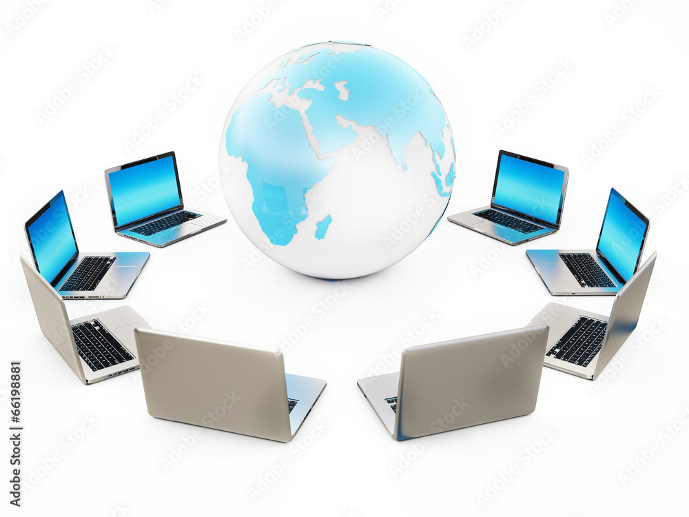Computer Laptop Connected Earth on White Background Computer Laptop Connected Earth on White Background
