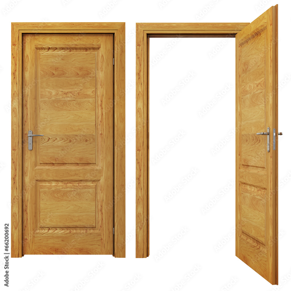 Closed and Open Wooden doors Isolated on White Background Closed and Open Wooden doors Isolated on White Background