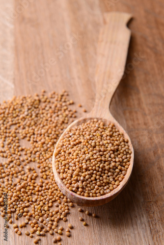 Spice mustard in spoon on wooden background