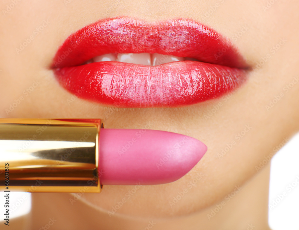 Obraz premium Beautiful female lips with lipstick, close up