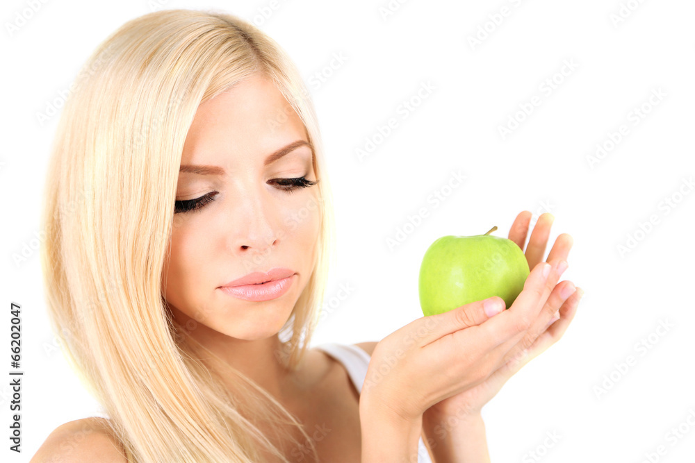 Young beautiful woman with apple isolated on white Young beautiful woman with apple isolated on white