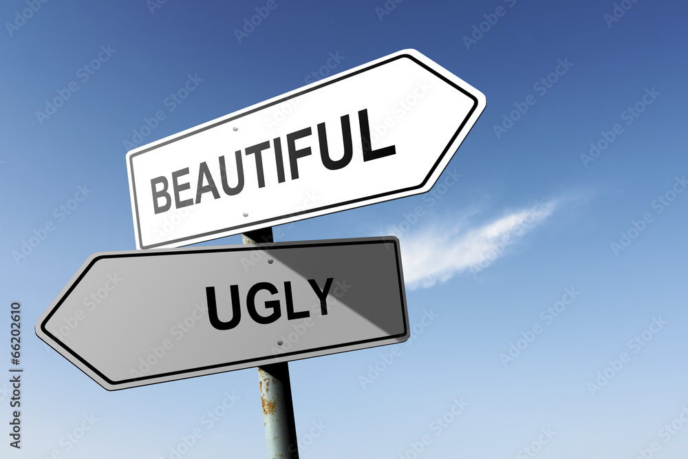 Beautiful and Ugly directions. Opposite traffic sign. Beautiful and Ugly directions. Opposite traffic sign.