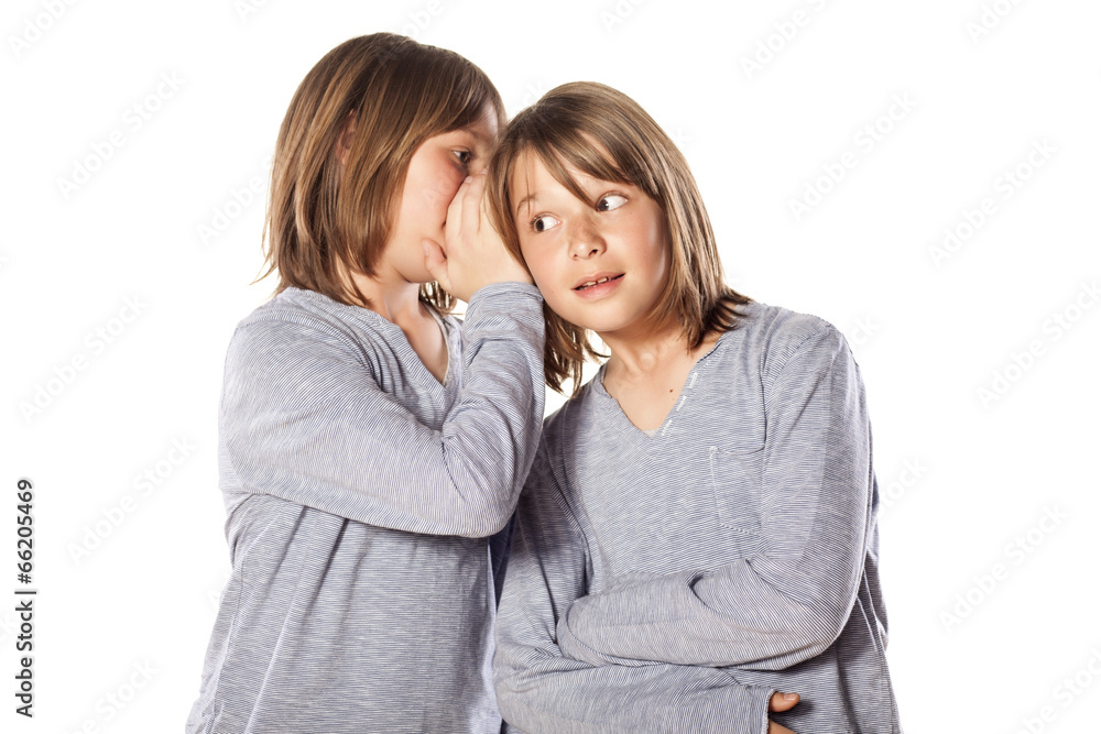 boy whispering on the ear to his twin brother boy whispering on the ear to his twin brother