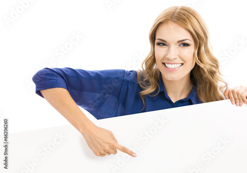 Businesswoman showing blank signboard, isolated