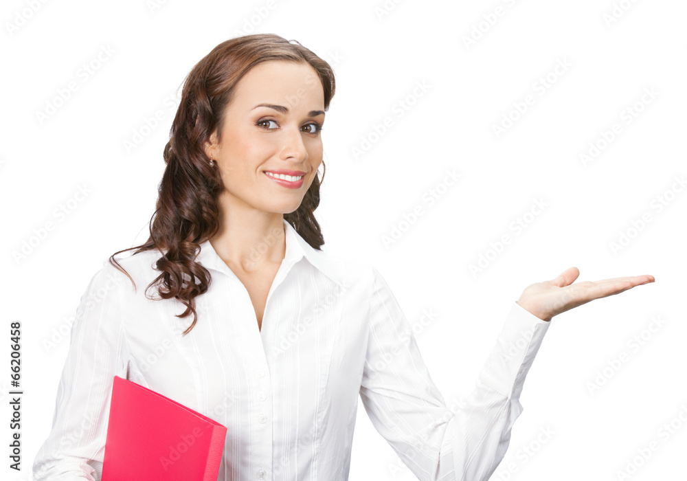 Business woman showing, isolated Business woman showing, isolated