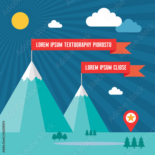 Snow Mountains with Red Flags in Flat Design Style © serkorkin