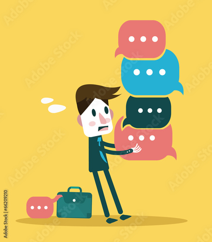 Businessman holding a lot of wordings and thinking bubble.