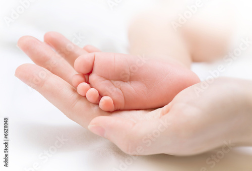 Tiny newborn baby's foot on female hands closeup