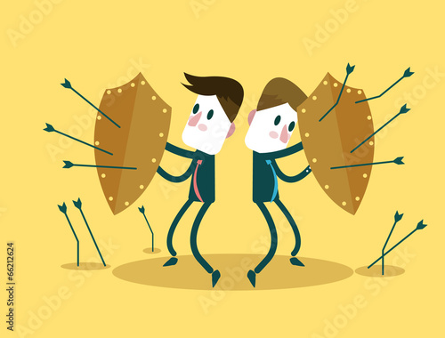 Business Team using shields for self-defense arrows attack.