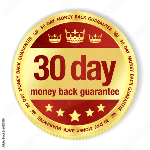 Golden badge with red fill and 30 day money back guarantee title