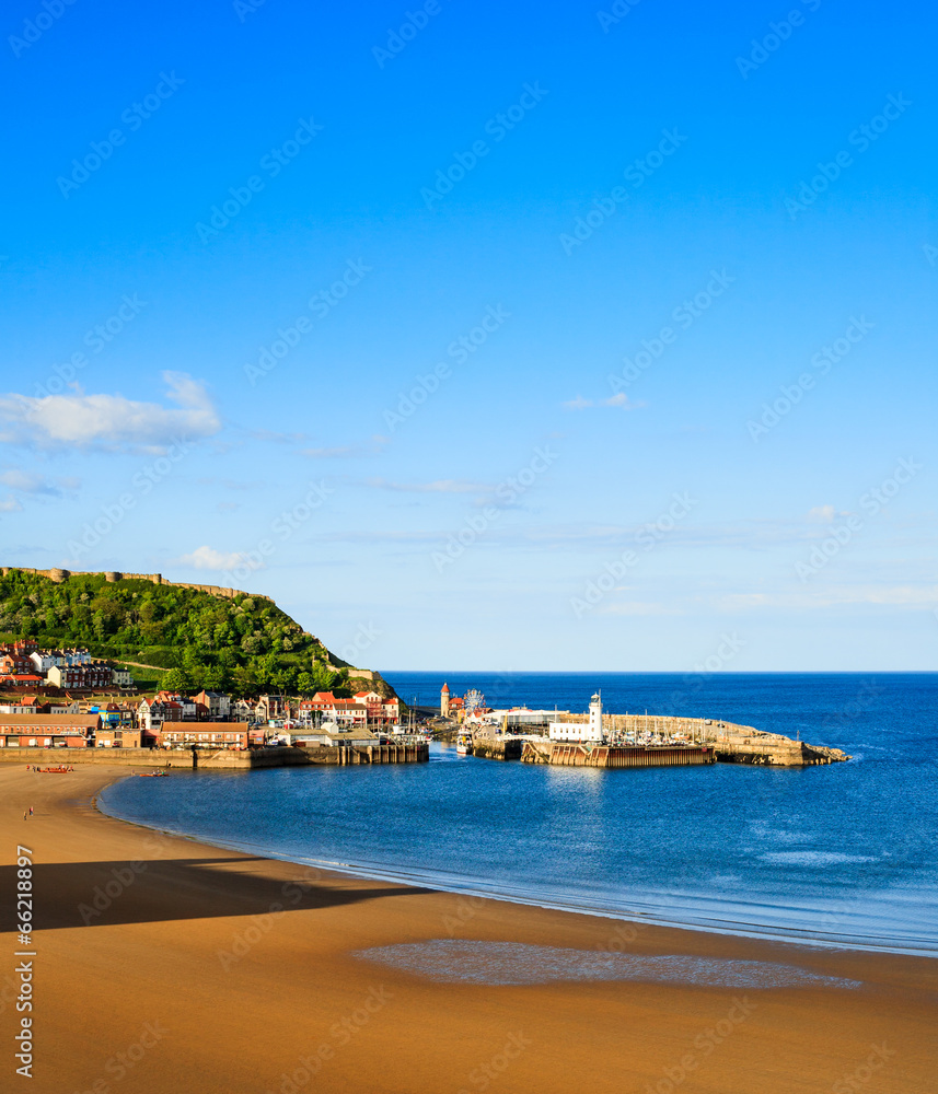 Scarborough beach, castle and harbour view