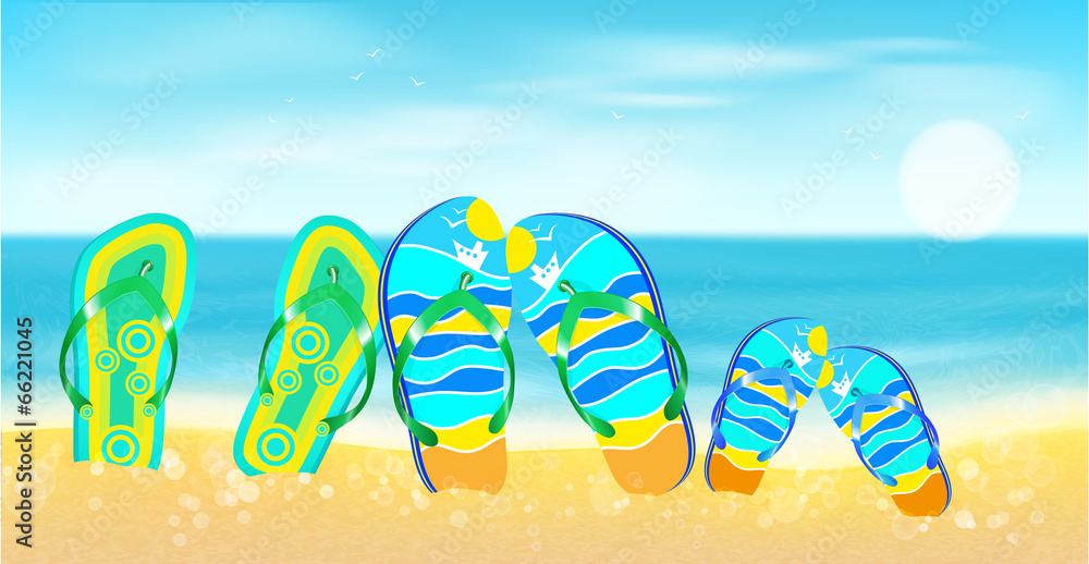 Naklejka premium Beach, sea,, sand and bright beach shoes.Summer background.