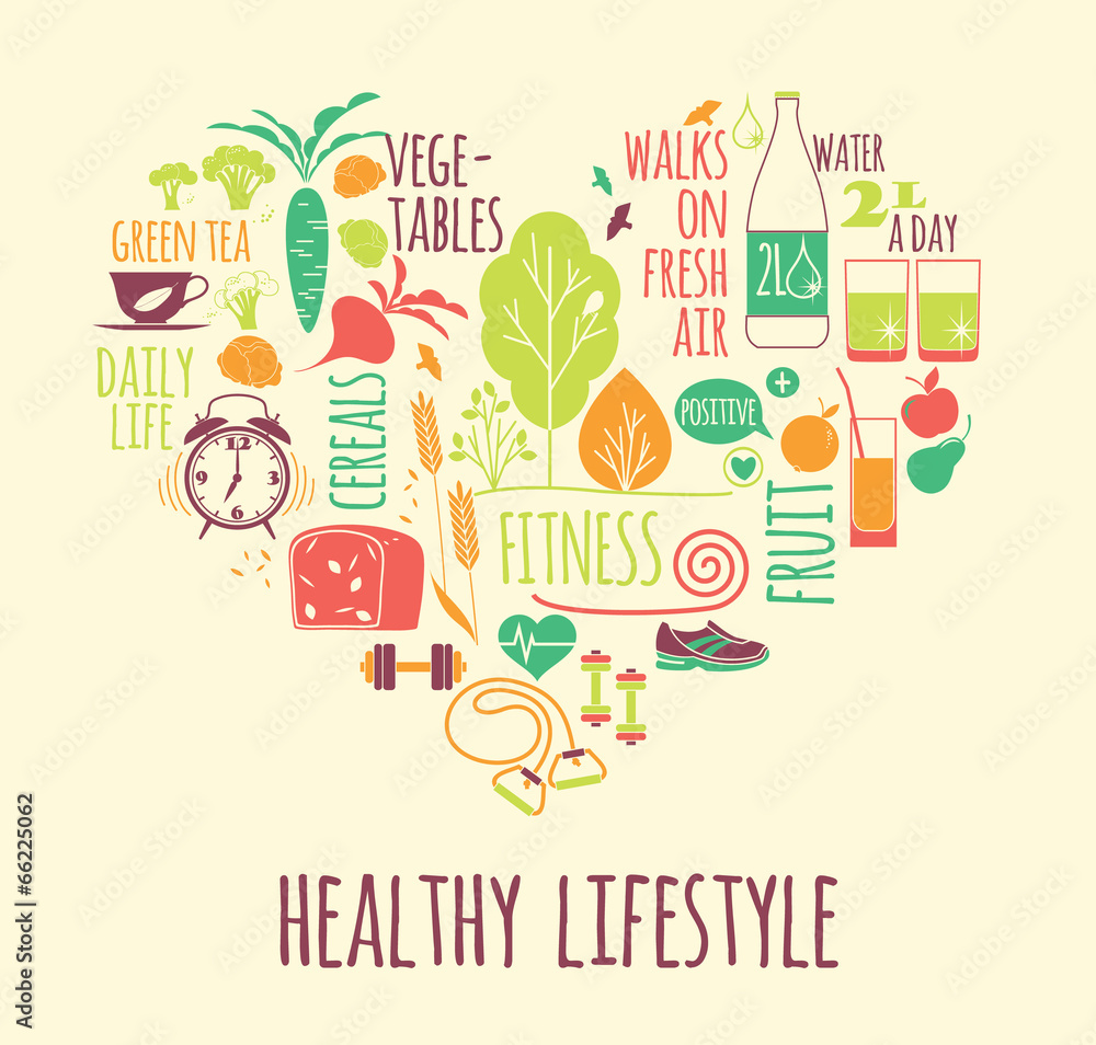 Healthy lifestyle Icons set in the shape of heart Healthy lifestyle Icons set in the shape of heart