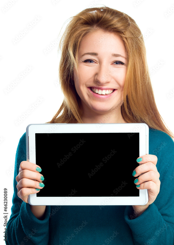 Young cheerful woman is showing blank tablet Young cheerful woman is showing blank tablet