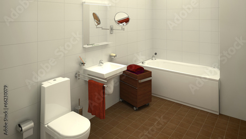 rendering of a modern light colored bathroom
