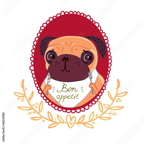 Pug with knife and fork, bon appetit