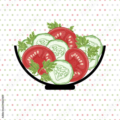 Bowl with vegetables  on a polka dot background. Vector illustra