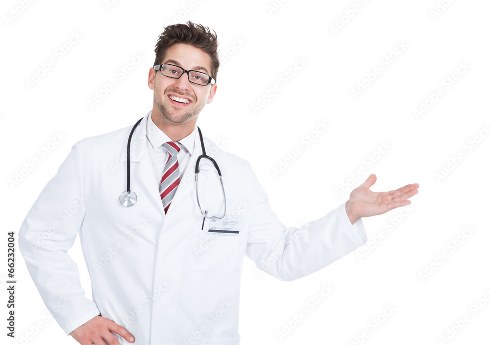 Doctor Giving Presentation Over White Background Doctor Giving Presentation Over White Background