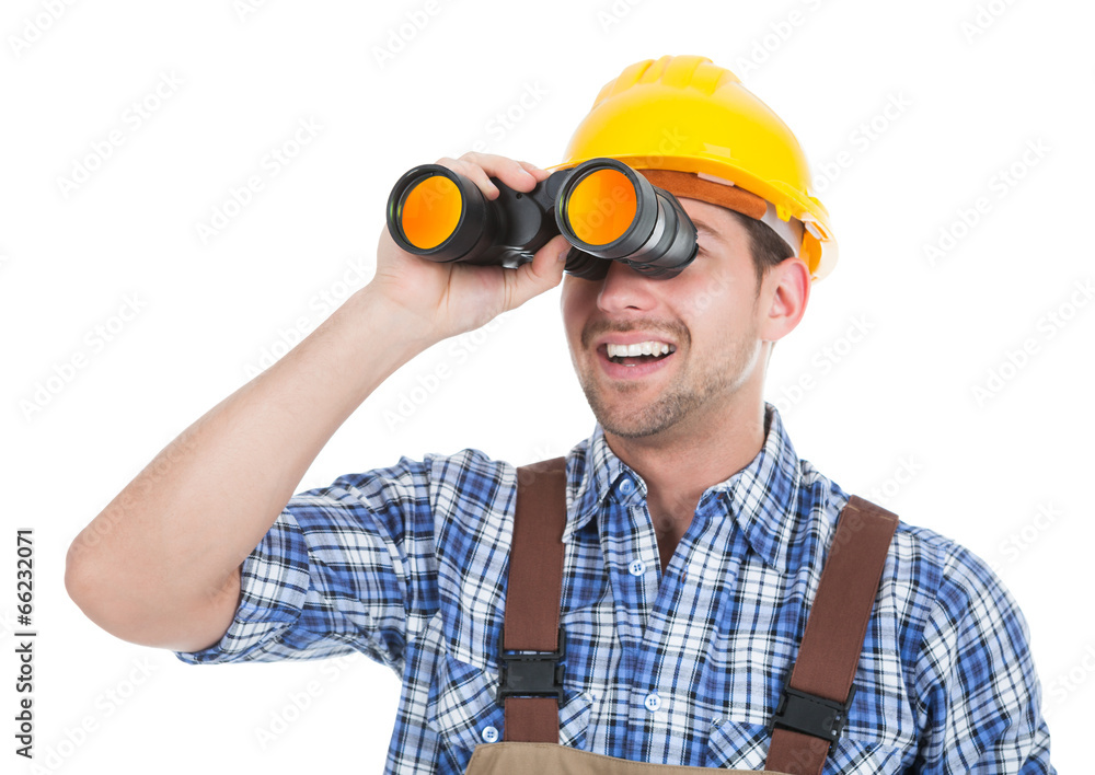Male Repairman Looking Through Binoculars Male Repairman Looking Through Binoculars