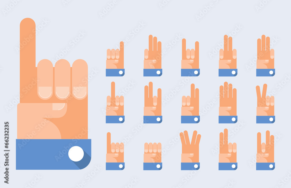 Vector hands icons set - Finger counting, Victory gesture, fist