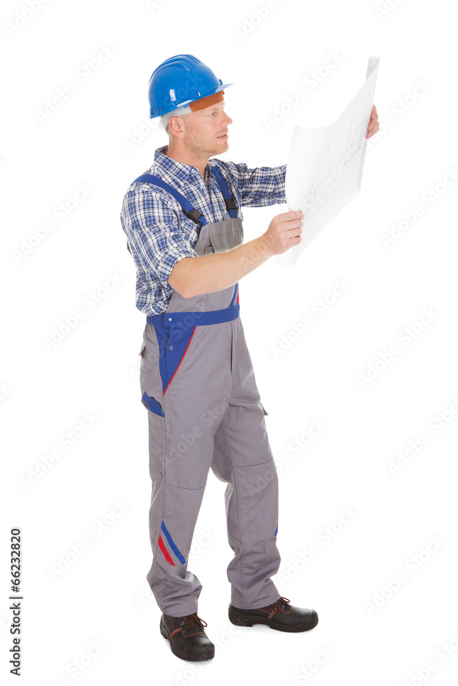 Worker Reading Blueprint Over White Background Worker Reading Blueprint Over White Background