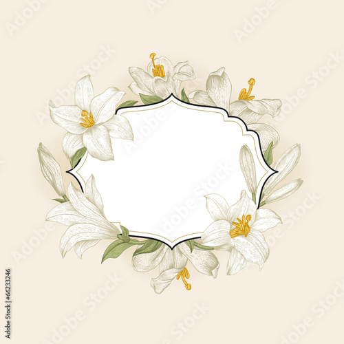Vintage floral frame with white royal lilies