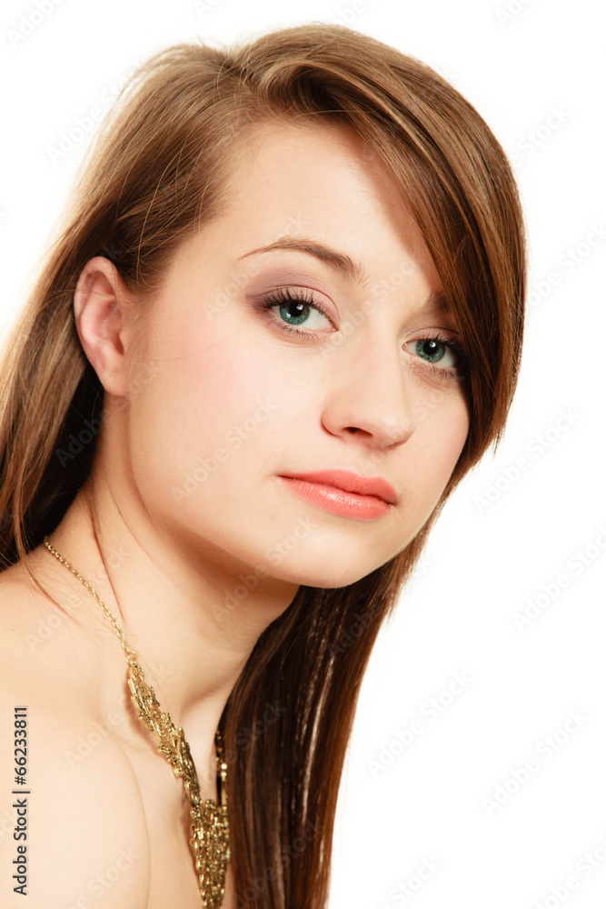Portrait of girl in golden necklace isolated Portrait of girl in golden necklace isolated