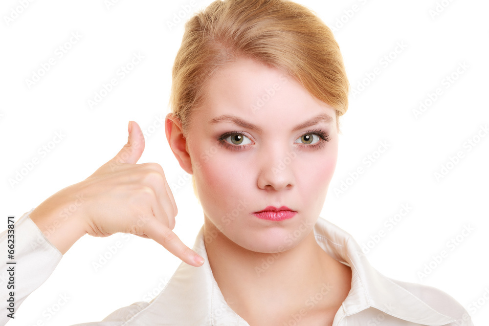 Phone. Angry businesswoman making call me gesture Phone. Angry businesswoman making call me gesture