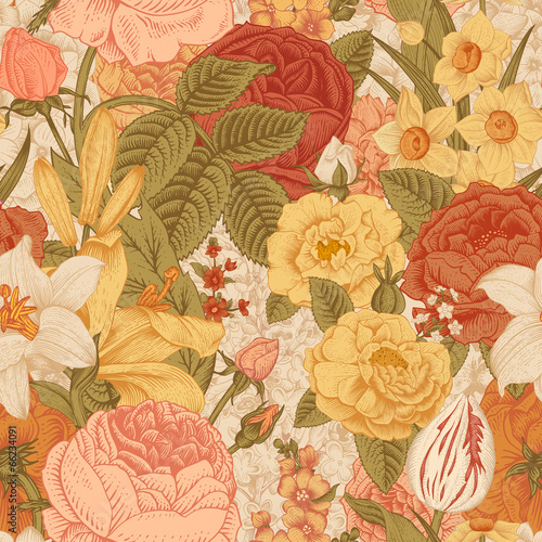 Seamless vector vintage pattern with garden flowers.