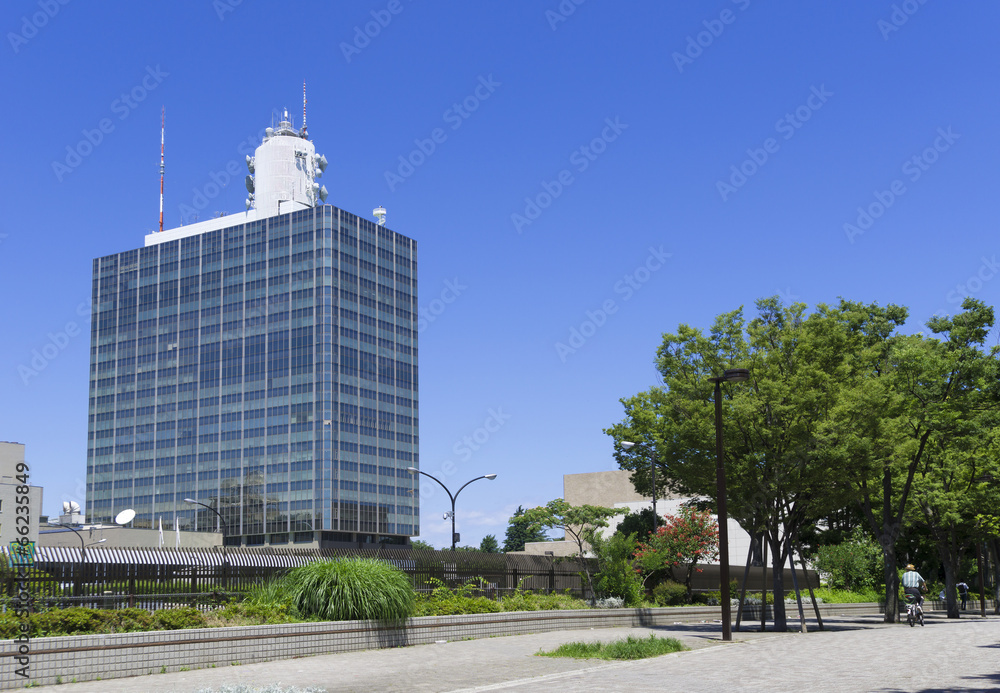 Obraz premium Czyste, błękitne niebo Zielona droga w parku Yoyogi i centrum nadawcze