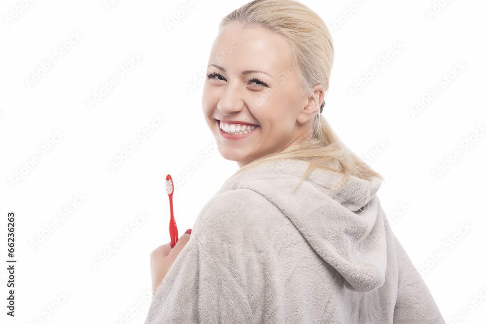 Happy Laughing Caucasian blond Girl Holding Manual toothbrush Happy Laughing Caucasian blond Girl Holding Manual toothbrush