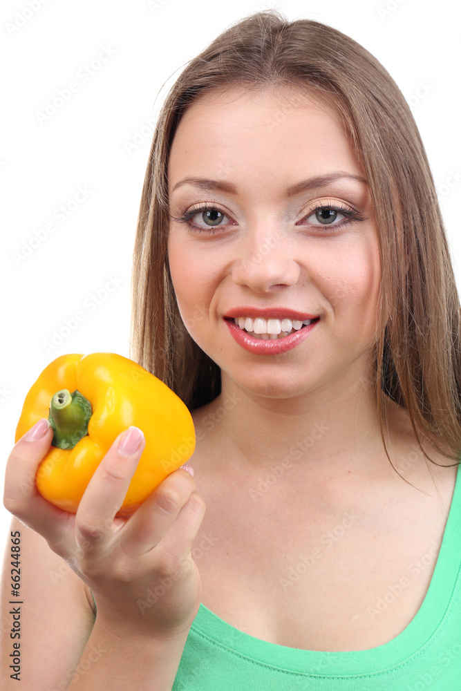 Beautiful girl with yellow pepper, isolated on white Beautiful girl with yellow pepper, isolated on white