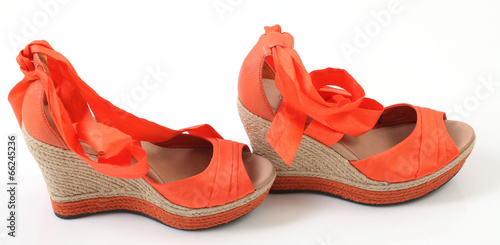 women's orange fashion sandals on a high thatched platform sole photo