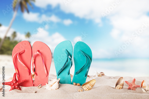 Summer beach with colored sandals