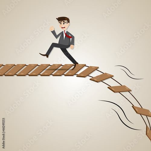 cartoon businessman run away from broken rope bridge
