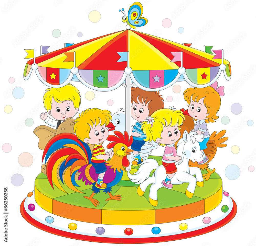 Children riding on a funny carousel Children riding on a funny carousel